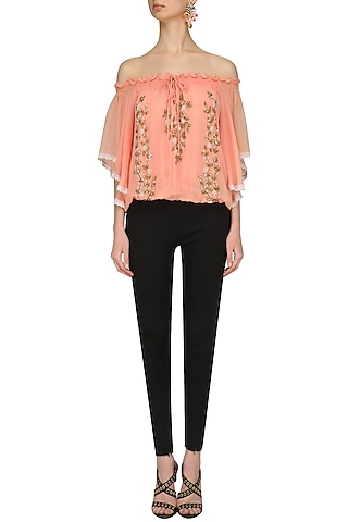 Peach Leaf Embroidered Off Shoulder Top by Nandita Mahtani