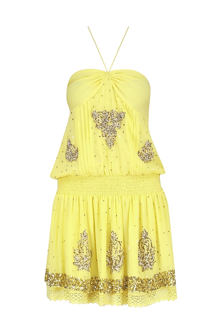 Yellow Sequin Embroidered Halter Dress by Nandita Mahtani