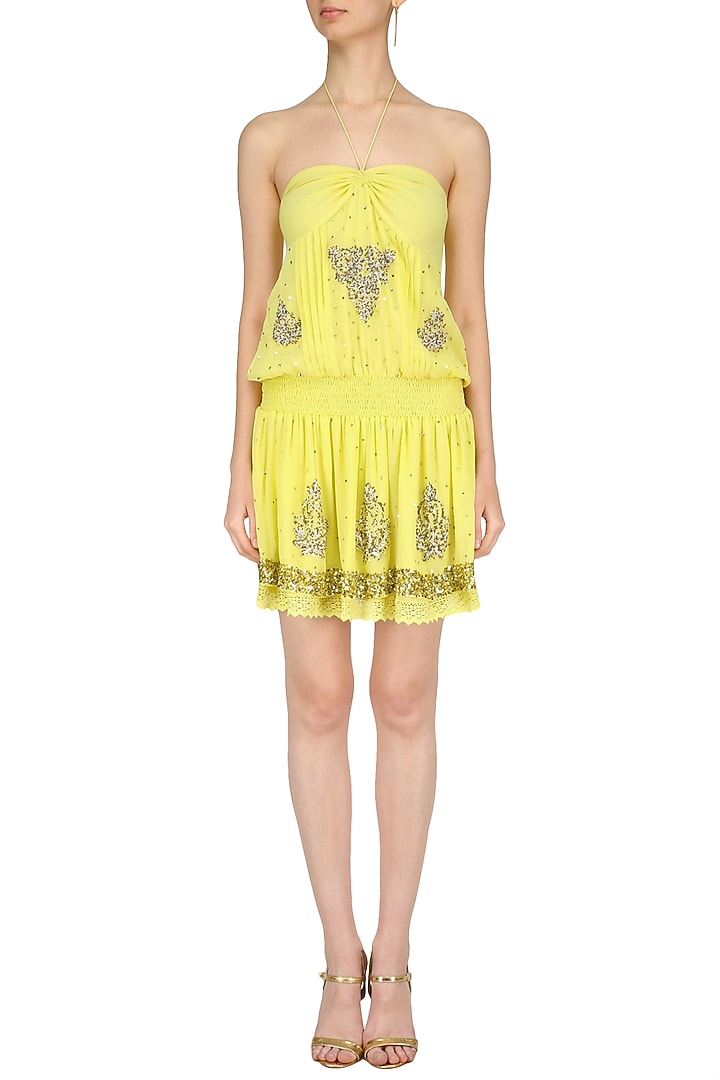 Yellow Sequin Embroidered Halter dress" available only at Pernia's Pop Up Shop.