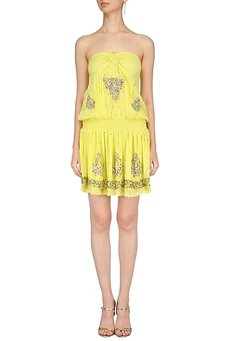 Yellow Sequin Embroidered Halter Dress by Nandita Mahtani