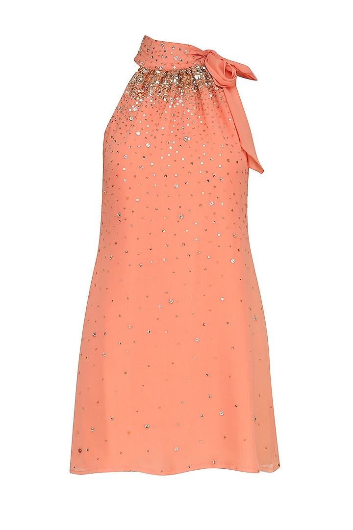 Peach Sequin Embroidered Tie Up Neck Dress by Nandita Mahtani