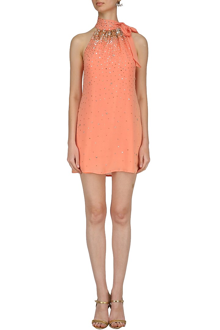 Peach Sequin Embroidered tie up neck dress" available only at Pernia's Pop Up Shop.