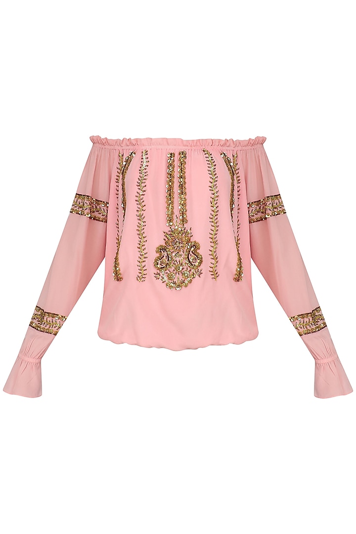 Peach Motive Embroidered Off Shoulder Top by Nandita Mahtani