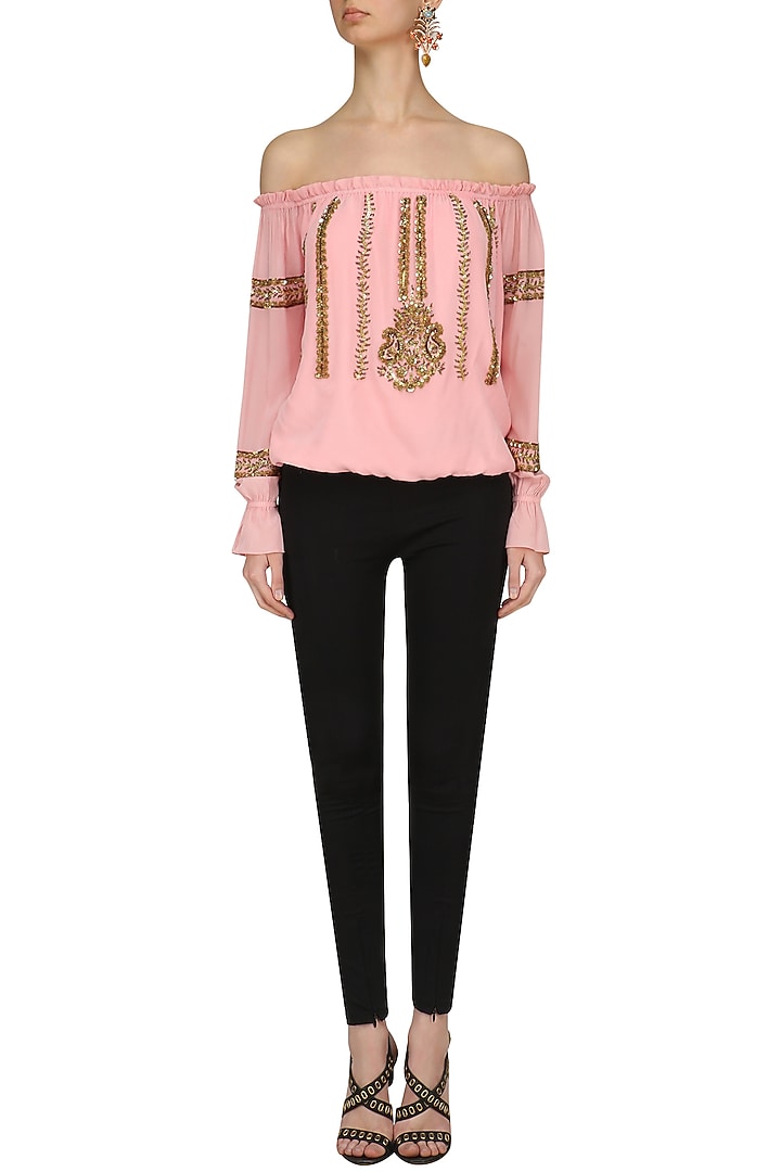Peach motive embroidered Off shoulder top available only at Pernia's Pop Up Shop.