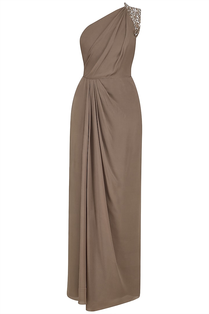 Nude Pleated one shoulder maxi dress available only at Pernia's Pop Up Shop.