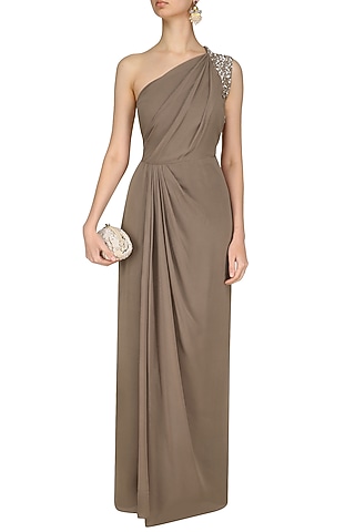 Nude Pleated One Shoulder Maxi Dress by Nandita Mahtani