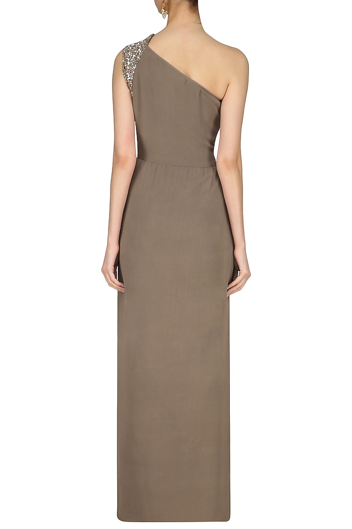 Nude Pleated one shoulder maxi dress available only at Pernia's Pop Up Shop.