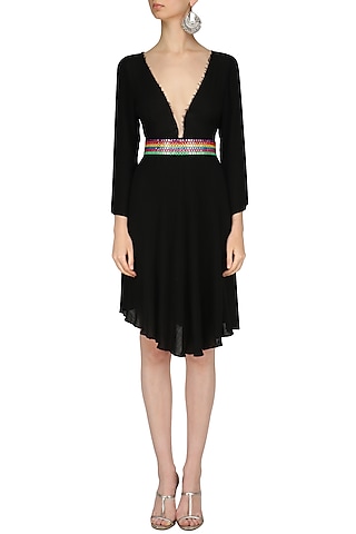 Black Abla Embroidered V-Neck Dress by Nandita Mahtani