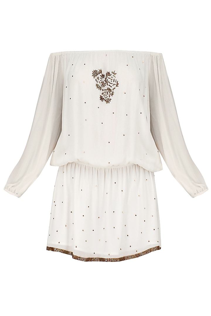 White Motive Embroidered Off Shoulder Dress by Nandita Mahtani