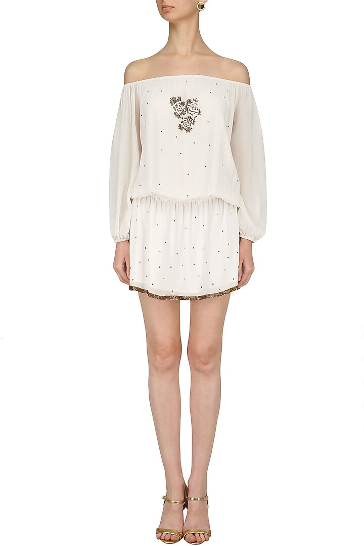 White motive embroidered Off shoulder dress available only at Pernia's Pop Up Shop.