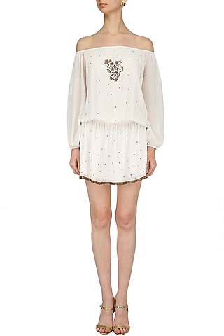 White Motive Embroidered Off Shoulder Dress by Nandita Mahtani