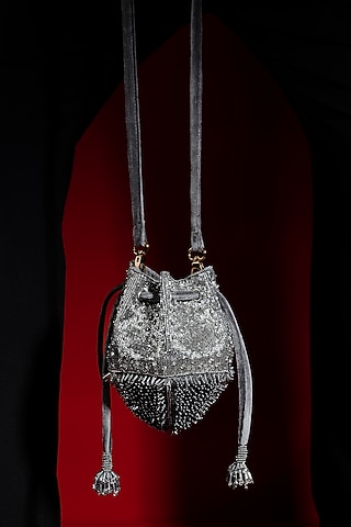 Silver Glass Bead Embellished Potli by Aomidori Shimai