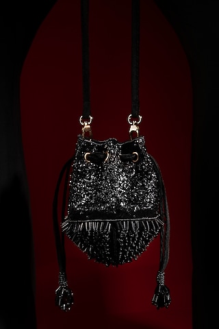 Black Glass Bead Embellished Potli by Aomidori Shimai