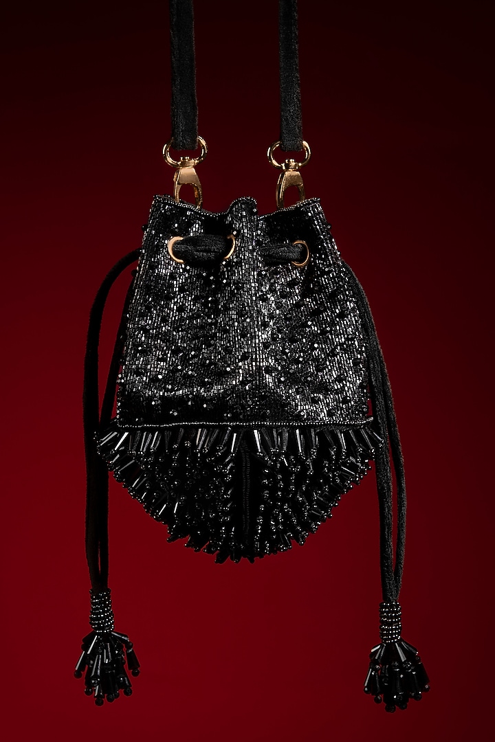 Black Glass Bead Embellished Potli by Aomidori Shimai at Pernia's Pop Up Shop