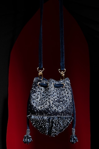 Blue Glass Bead Embellished Potli by Aomidori Shimai