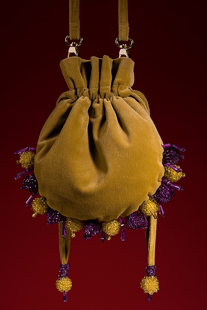 Yellow Embellished Potli by Aomidori Shimai at Pernia's Pop Up Shop