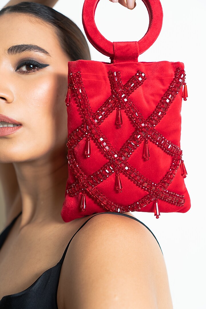 Red Crystal Embellished Handbag by Aomidori Shimai at Pernia's Pop Up Shop