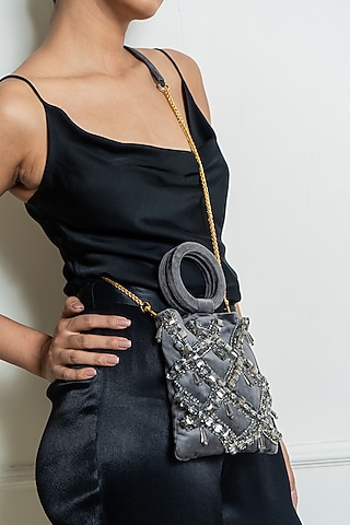 Silver Crystal Embellished Handbag by Aomidori Shimai