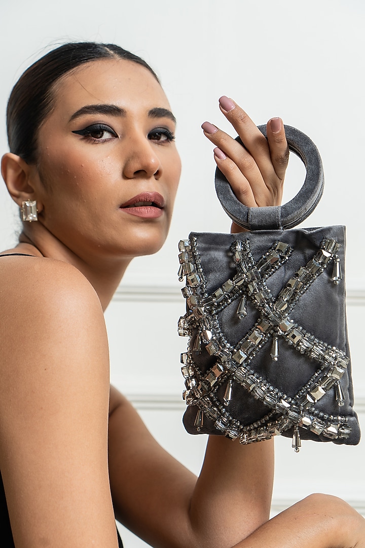 Silver Crystal Embellished Handbag by Aomidori Shimai at Pernia's Pop Up Shop