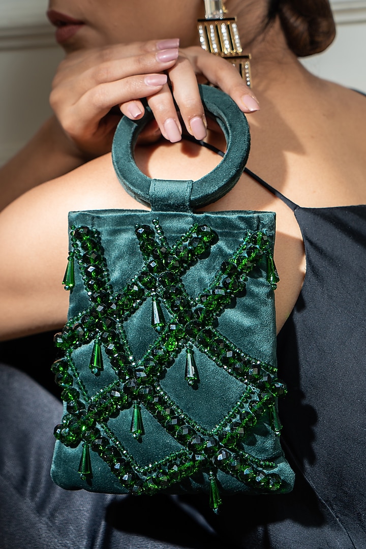 Green Crystal Embellished Handbag by Aomidori Shimai at Pernia's Pop Up Shop