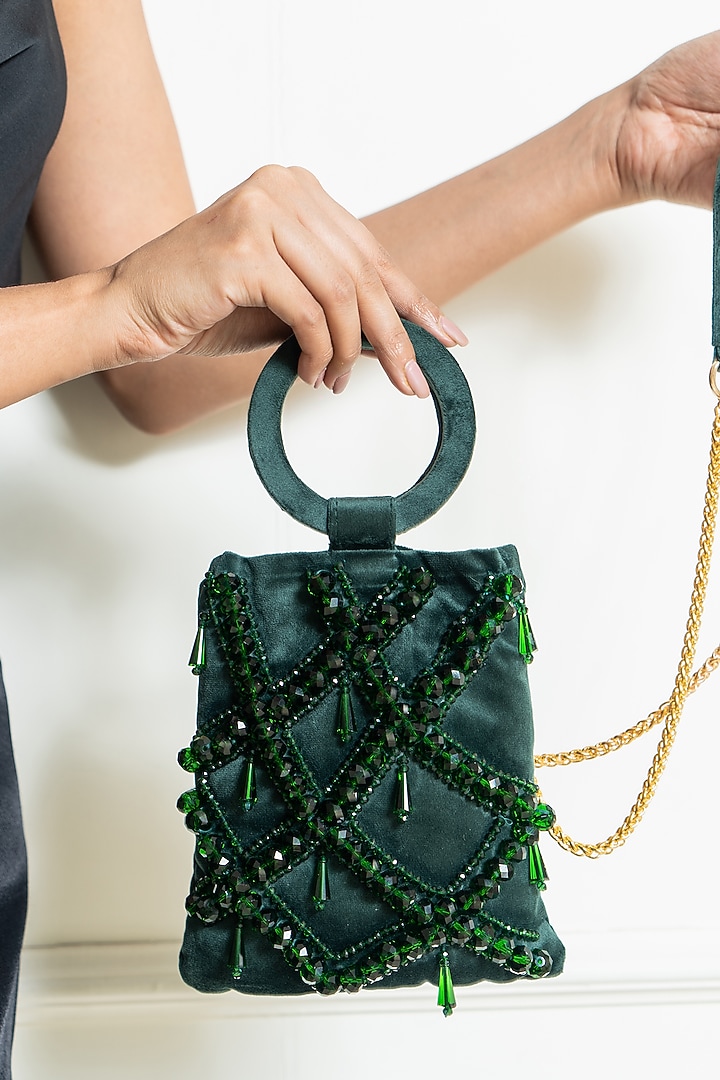 Green Crystal Embellished Handbag by Aomidori Shimai at Pernia's Pop Up Shop