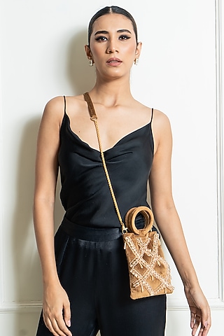 Gold Crystal Embellished Handbag by Aomidori Shimai