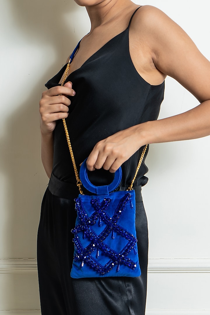 Blue Crystal Embellished Handbag by Aomidori Shimai