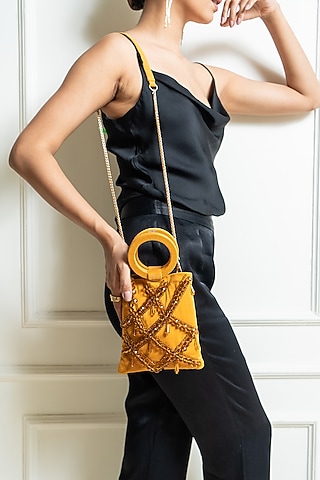 Yellow Crystal Embellished Handbag by Aomidori Shimai