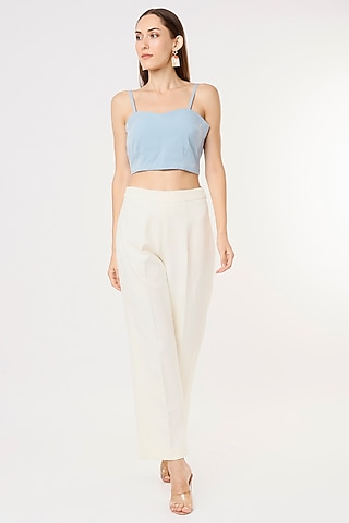 White Crepe Georgette High Waisted Pant Set by Applique by Virakti