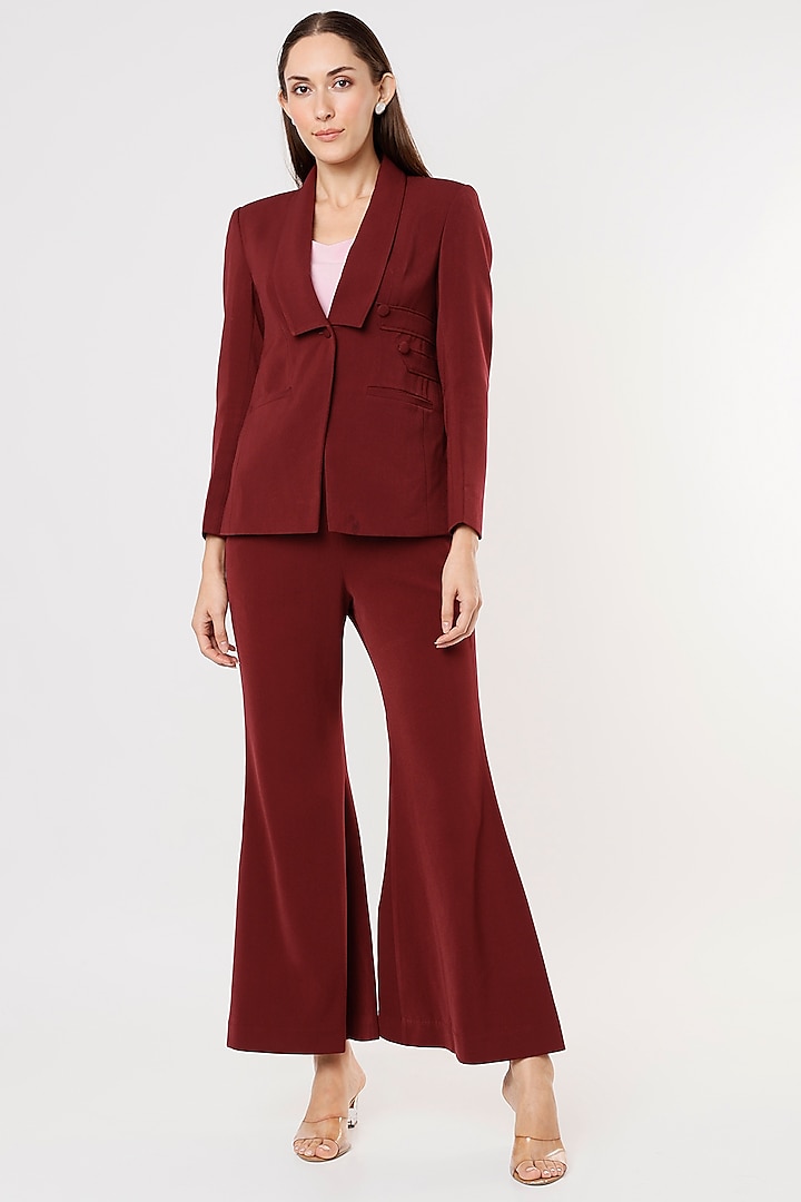 Cherry Maroon Crepe Blazer Set by Applique by Virakti