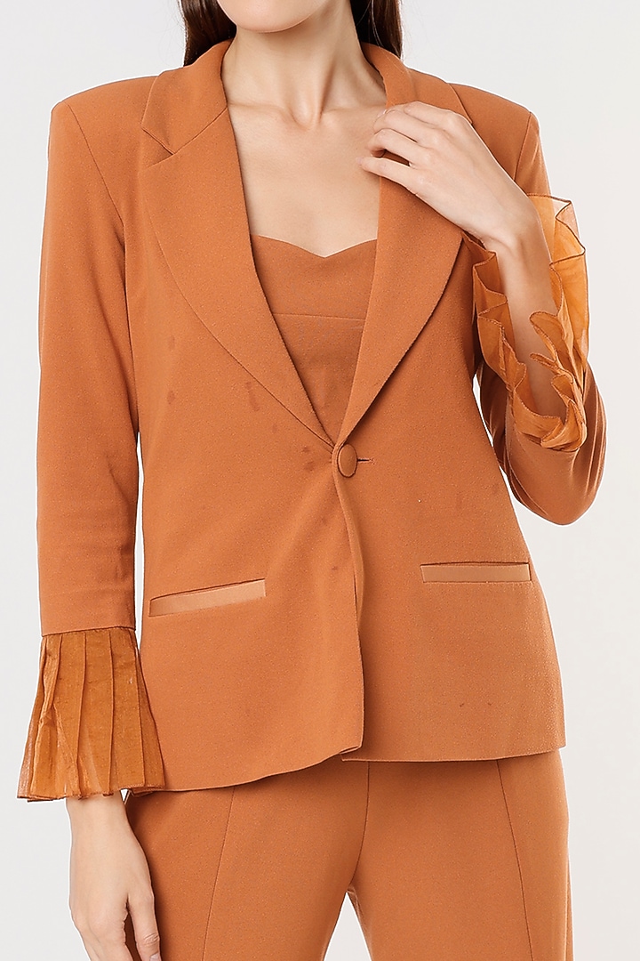 Rusty Tan Crepe Georgette Blazer Set by Applique by Virakti at Pernia's Pop Up Shop