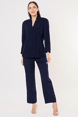 Blue Blazer Set In Crepe Georgette by Applique by Virakti