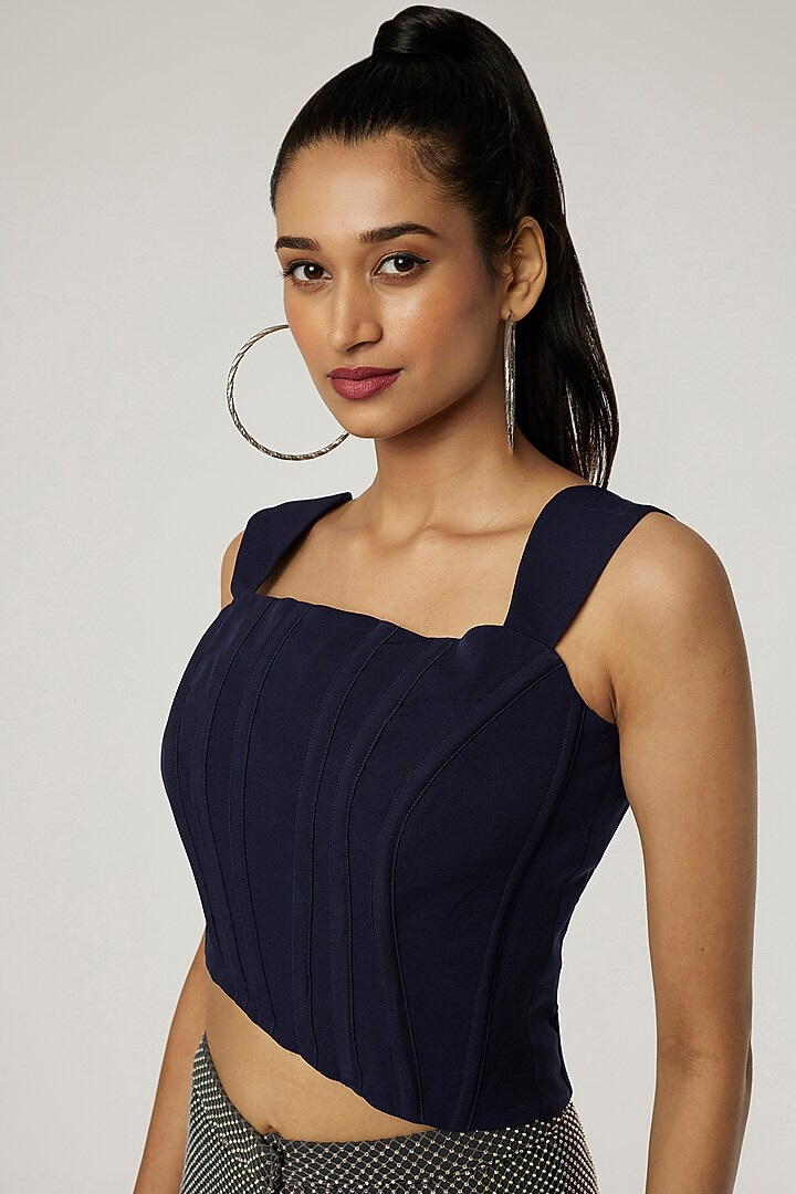 Midnight Blue Heavy Crepe Corset Top by Applique by Virakti at Pernia's Pop Up Shop