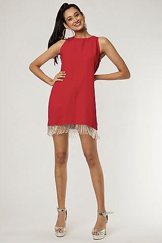 Red Heavy Crepe Mini Dress by Applique by Virakti