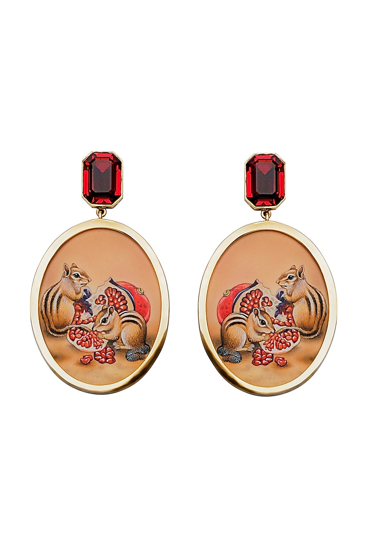 Gold Plated Red Swarovski Hand Painted Drop Earrings by Apara Disum