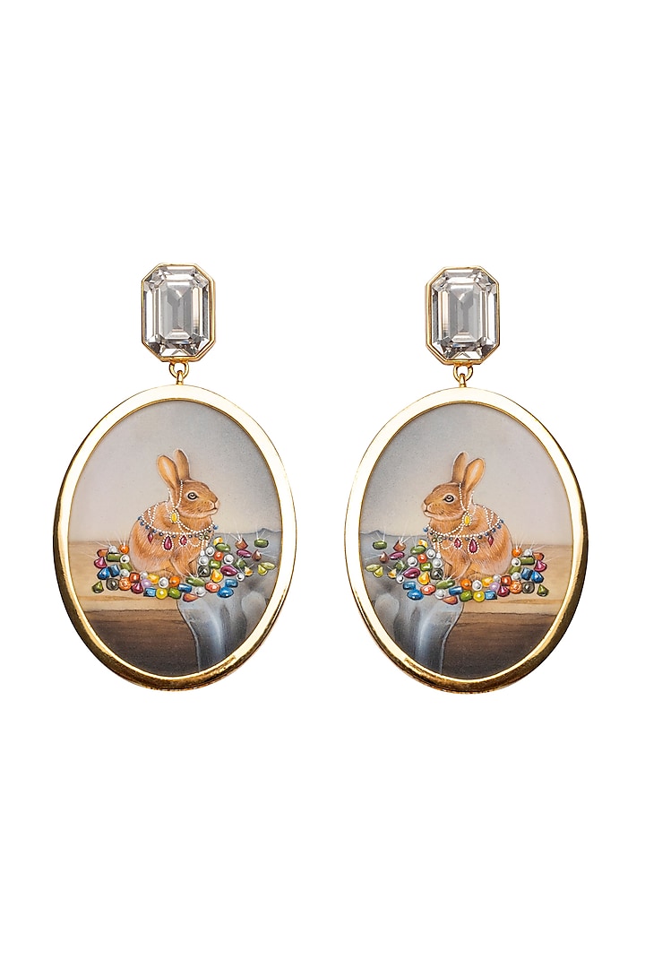 Gold Plated White Swarovski Hand Painted Drop Earrings by Apara Disum