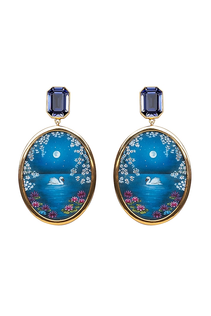 Gold Plated Opal Blue Swarovski Hand Painted Drop Earrings by Apara Disum