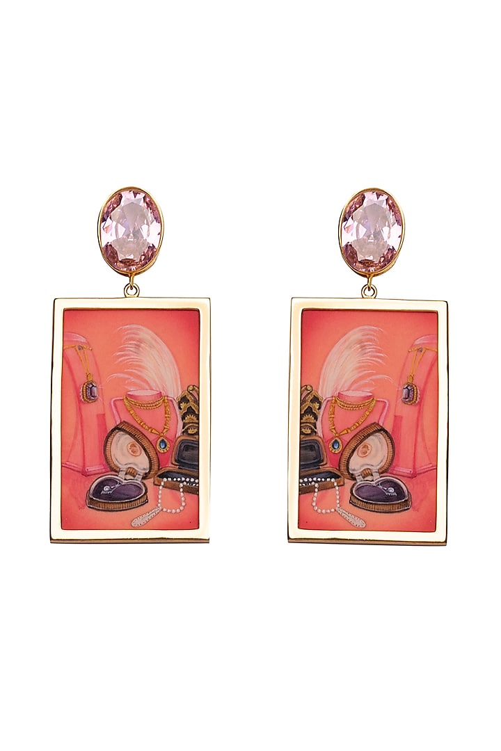 Gold Plated Light Pink Stone Hand Painted Drop Earrings by Apara Disum