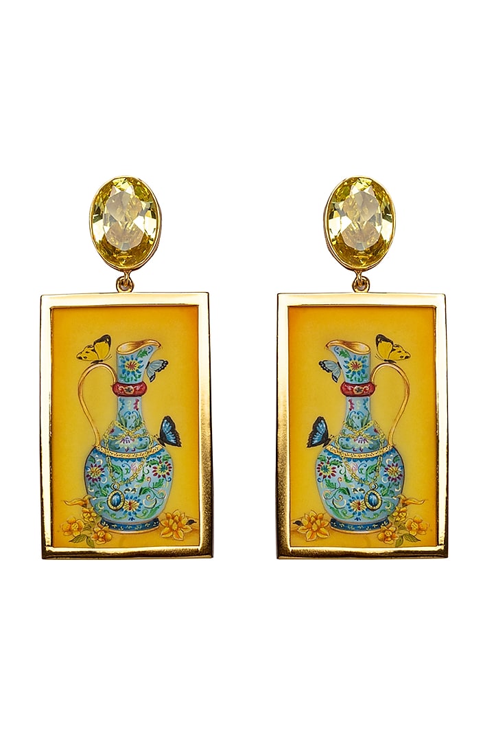 Gold Plated Yellow Swarovski Hand Painted Drop Earrings by Apara Disum