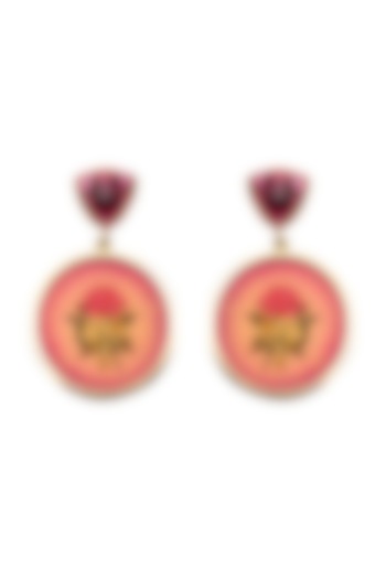 Gold Plated Deep Pink Swarovski Hand Painted Drop Earrings by Apara Disum