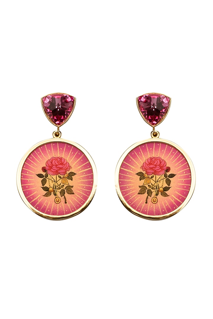 Gold Plated Deep Pink Swarovski Hand Painted Drop Earrings by Apara Disum