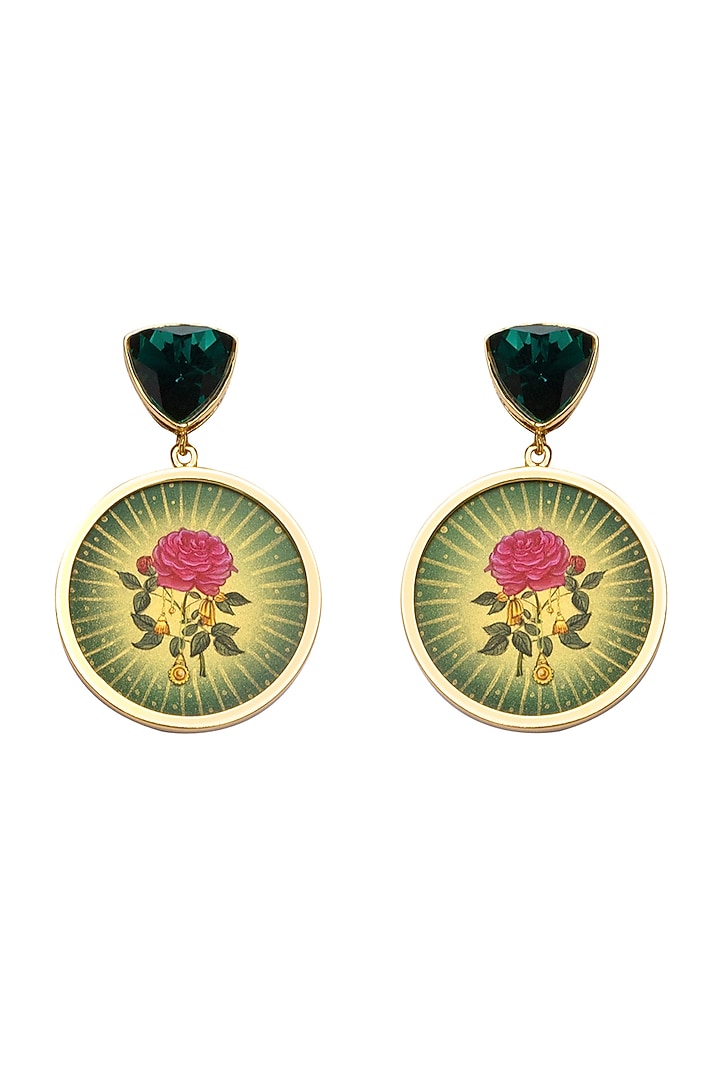 Gold Plated Emerald Green Swarovski Hand Painted Drop Earrings by Apara Disum