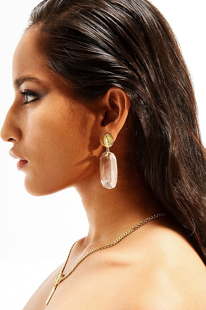 Gold Plated Clear Quartz Dangler Earrings In Sterling Silver by Apara Disum at Pernia's Pop Up Shop