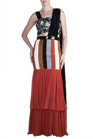 Red & Black Embroidered Skirt Set by PARNIKA