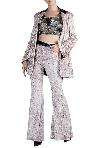 Metallic Black Embroidered Bralette, Jacket & Pants by PARNIKA