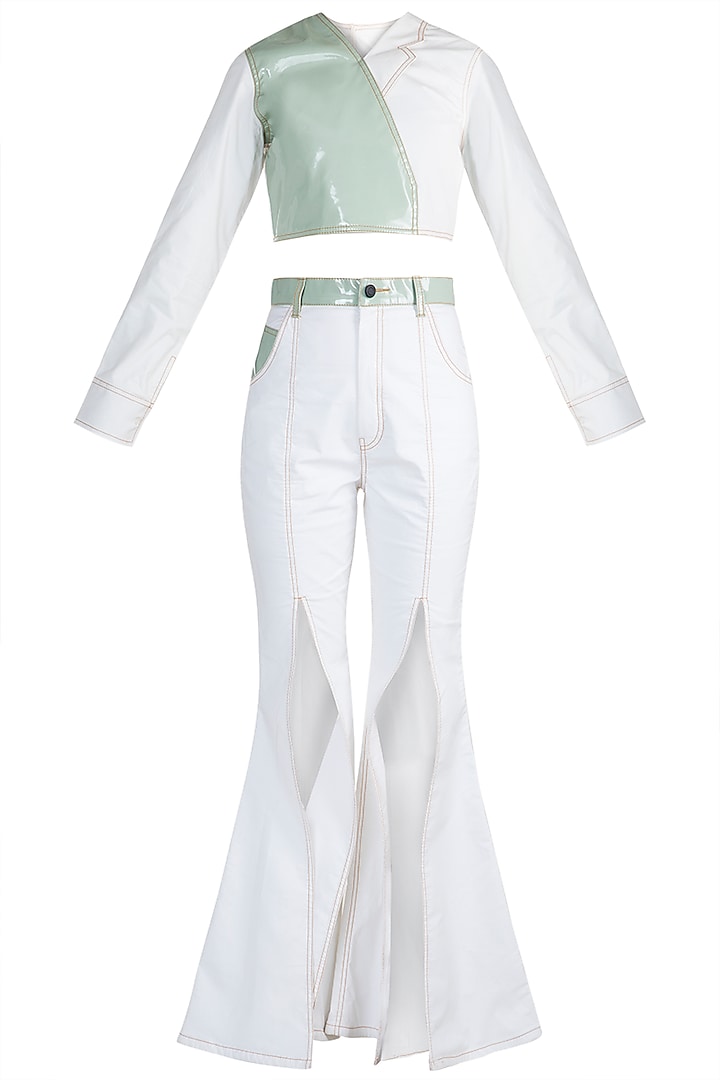 White & Mint Green Top With Slit Pants by PARNIKA