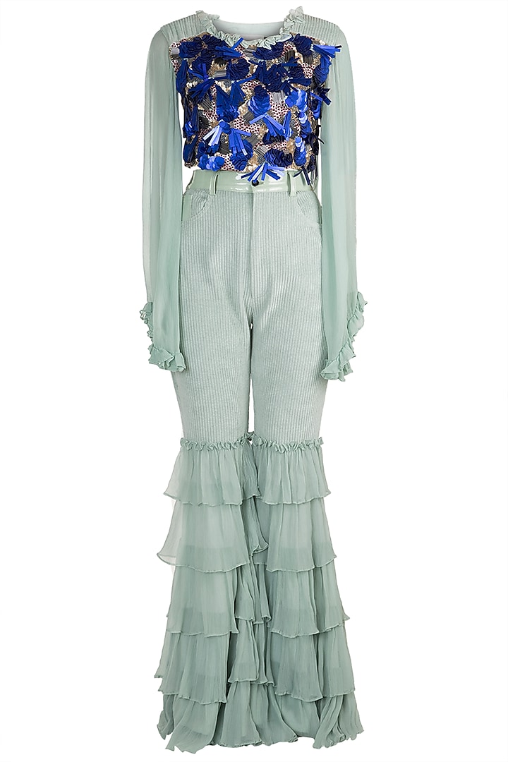 Blue Embroidered Top With Pants by PARNIKA