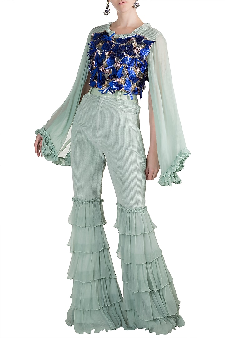Blue Embroidered Top With Pants by PARNIKA at Pernia's Pop Up Shop