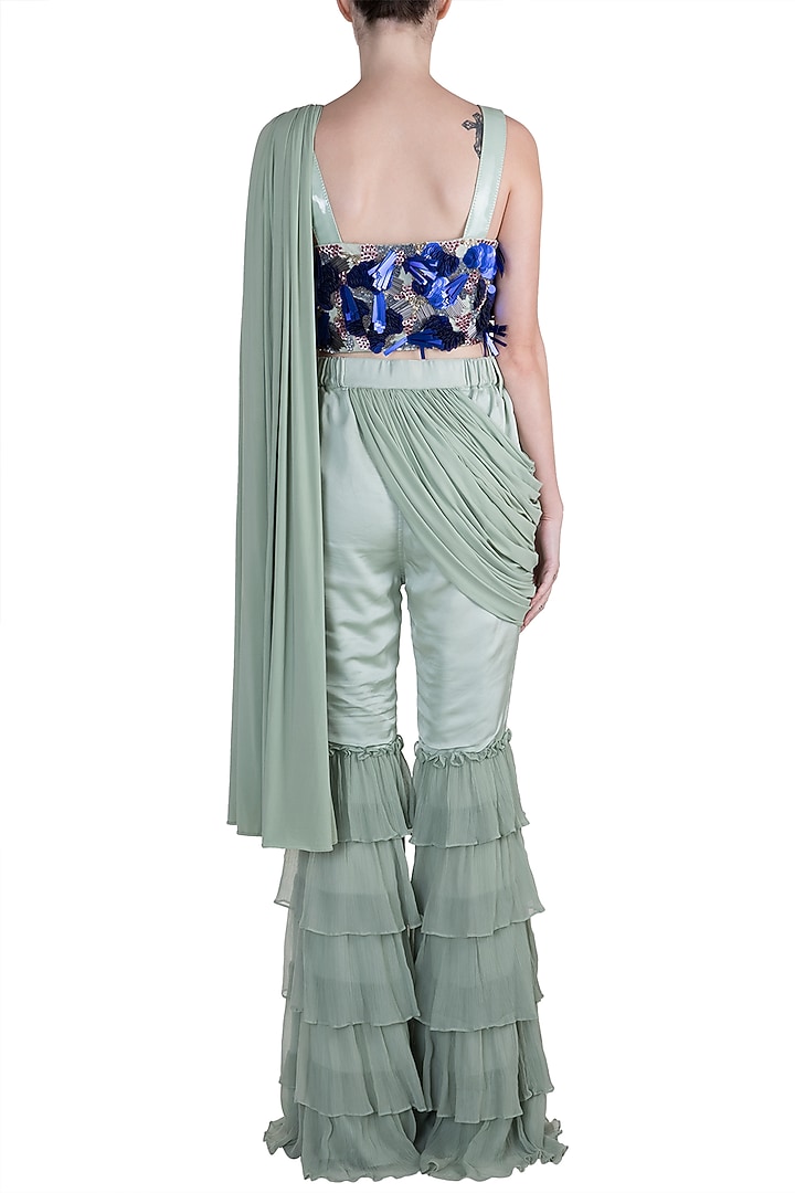 Mint Blue Embroidered Crop Top With Pants & Attached Drape by PARNIKA at Pernia's Pop Up Shop