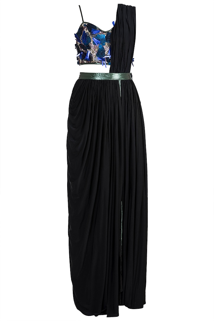 Black Embroidered Blouse With Skirt & Attached Drape by PARNIKA